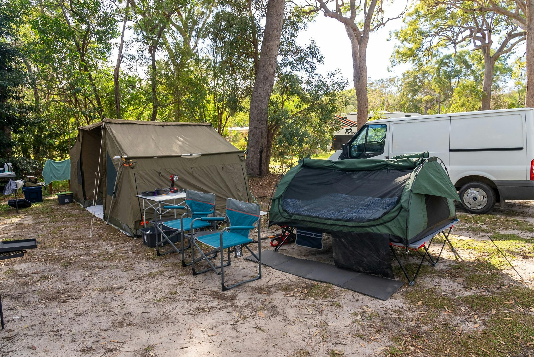 swag set up in a camp setting