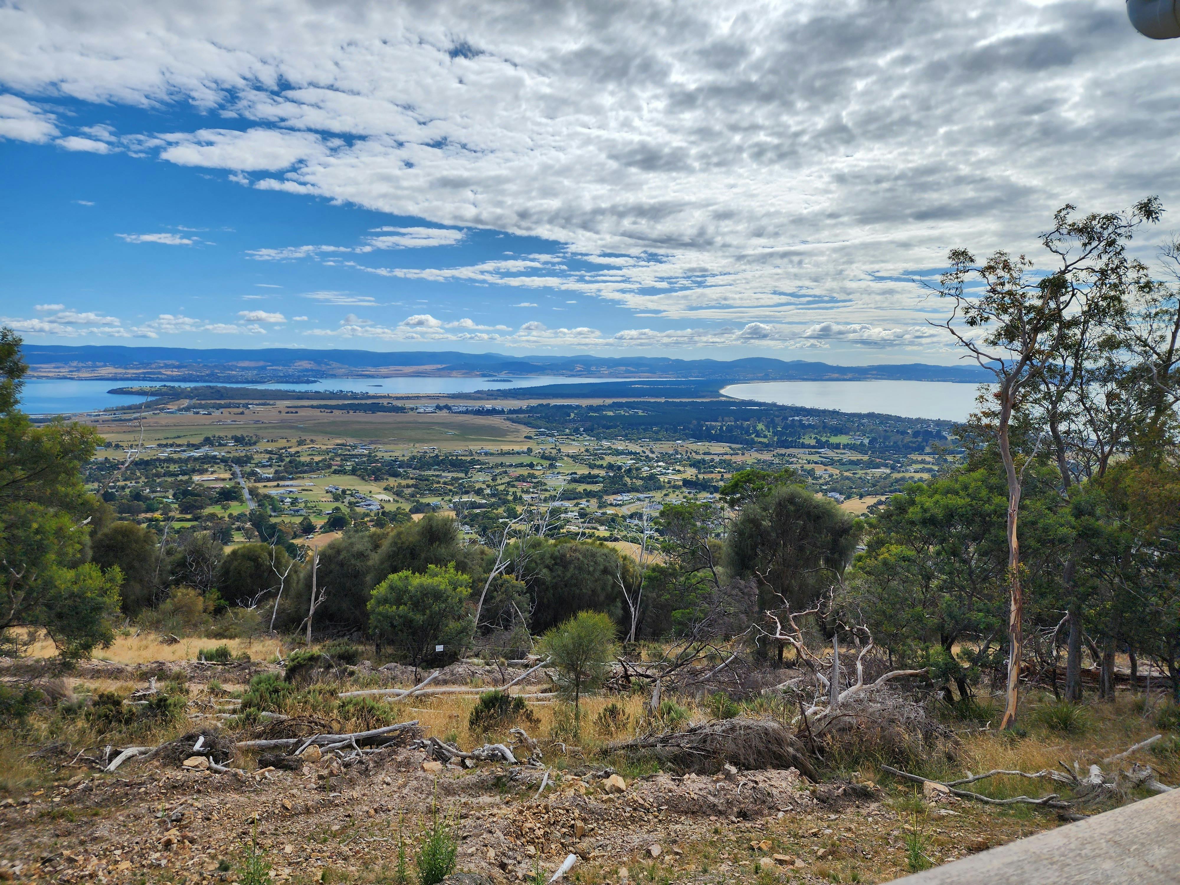 Wide views across Tasmanian bushland and surrounding landscape from Mt Rumney