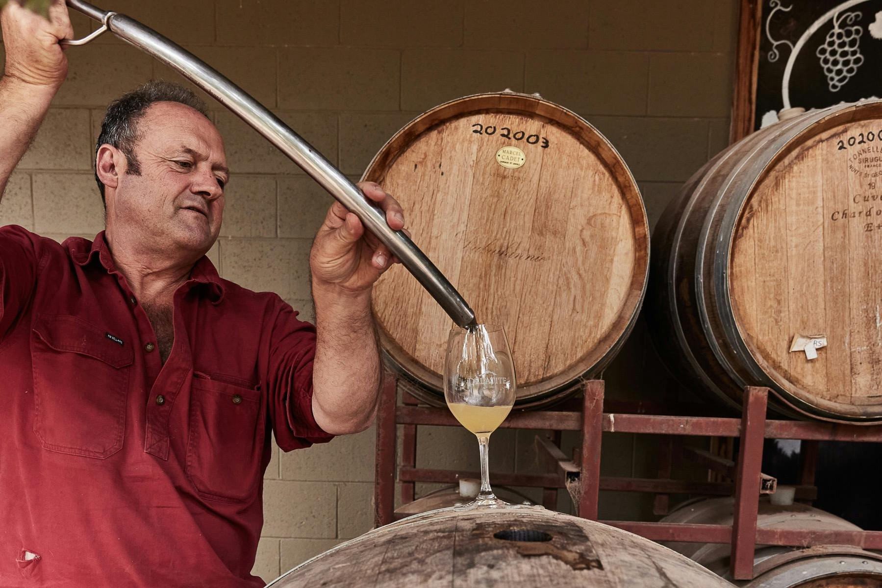 A man pouring wine into a wine glass out of a thief in front of barrels