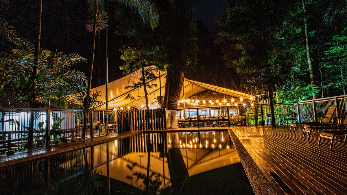 Pool surrounded by Rainforest beside Tides Bar & Restaurant