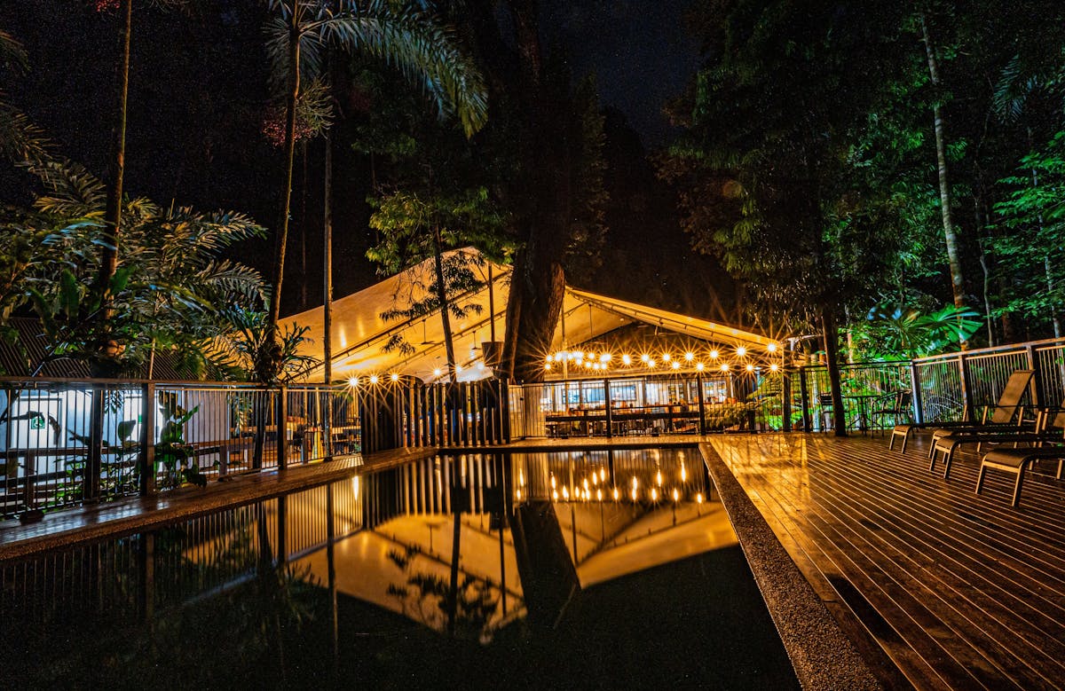 Pool surrounded by Rainforest beside Tides Bar & Restaurant
