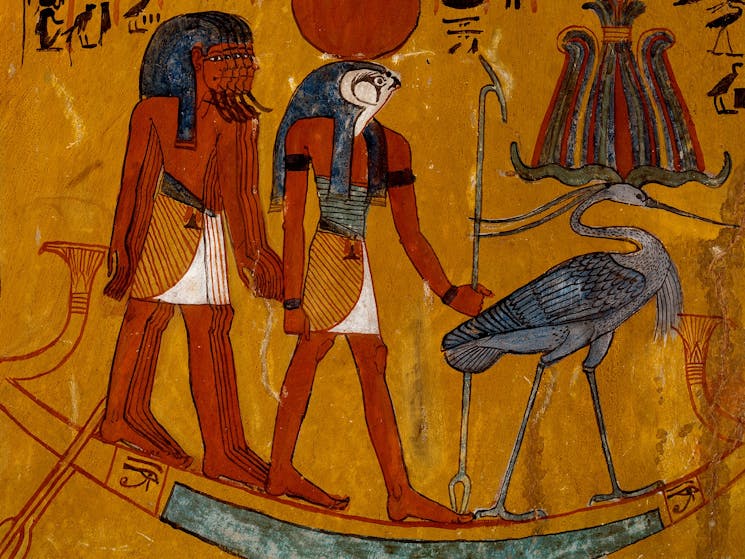 Egyptian wall paintings depicting two people and a bird on a gondola