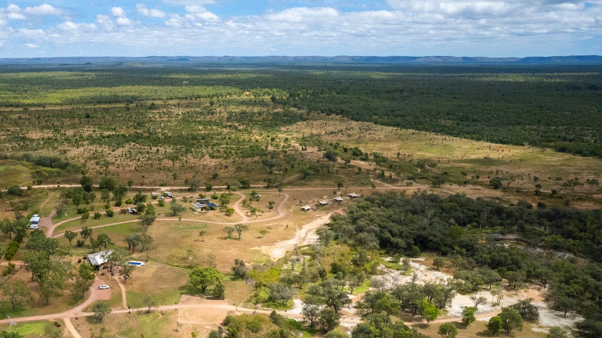 Aerial view of Talaroo Hot Springs campground, eco tents & springs