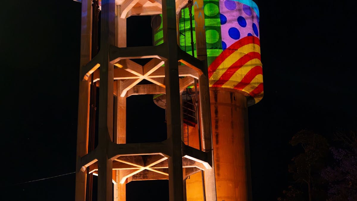 Light installation on water towers at Goondiwindi