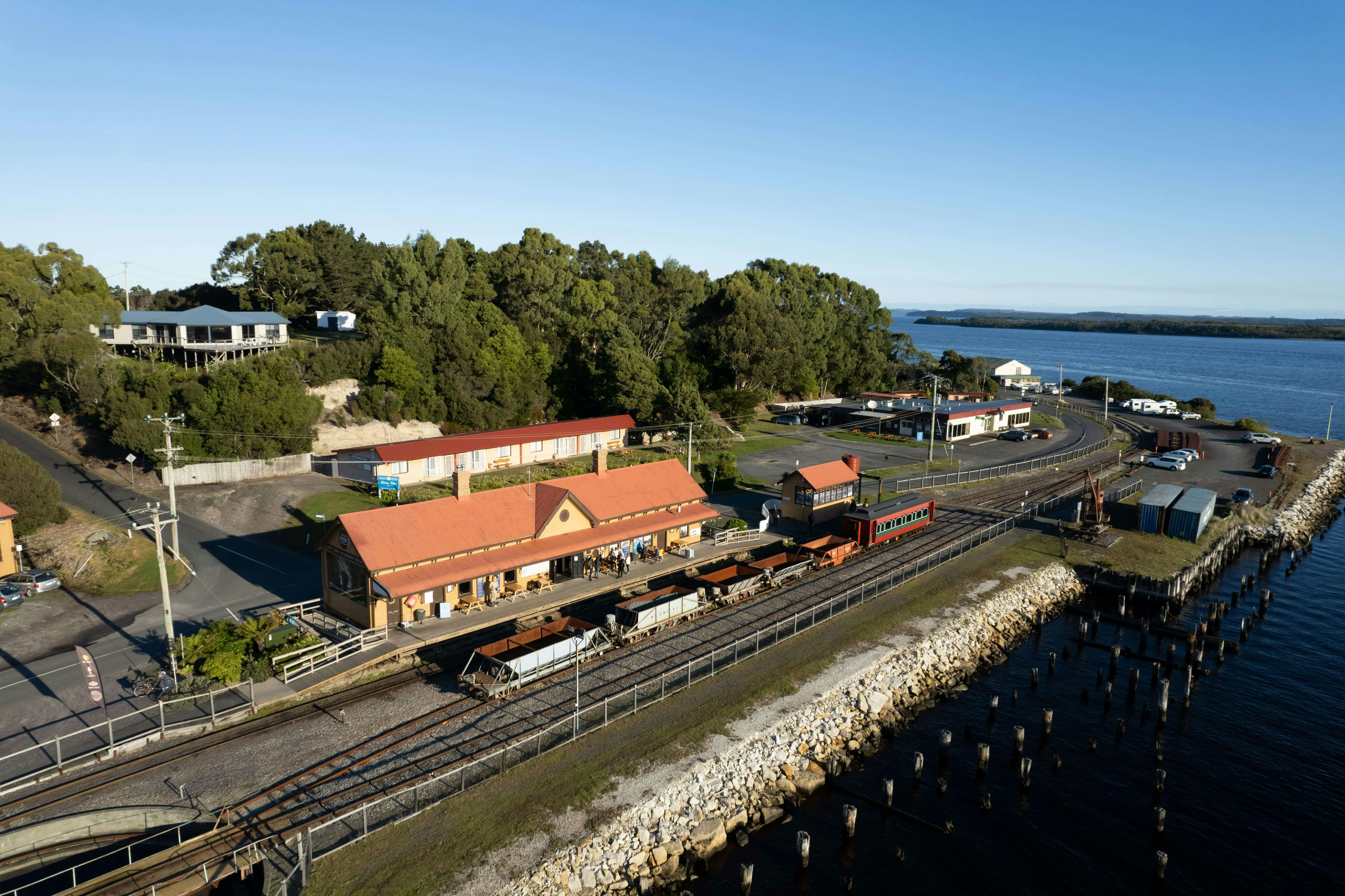 An overhead image of the heritage listed station at Regatta Point, Strahan