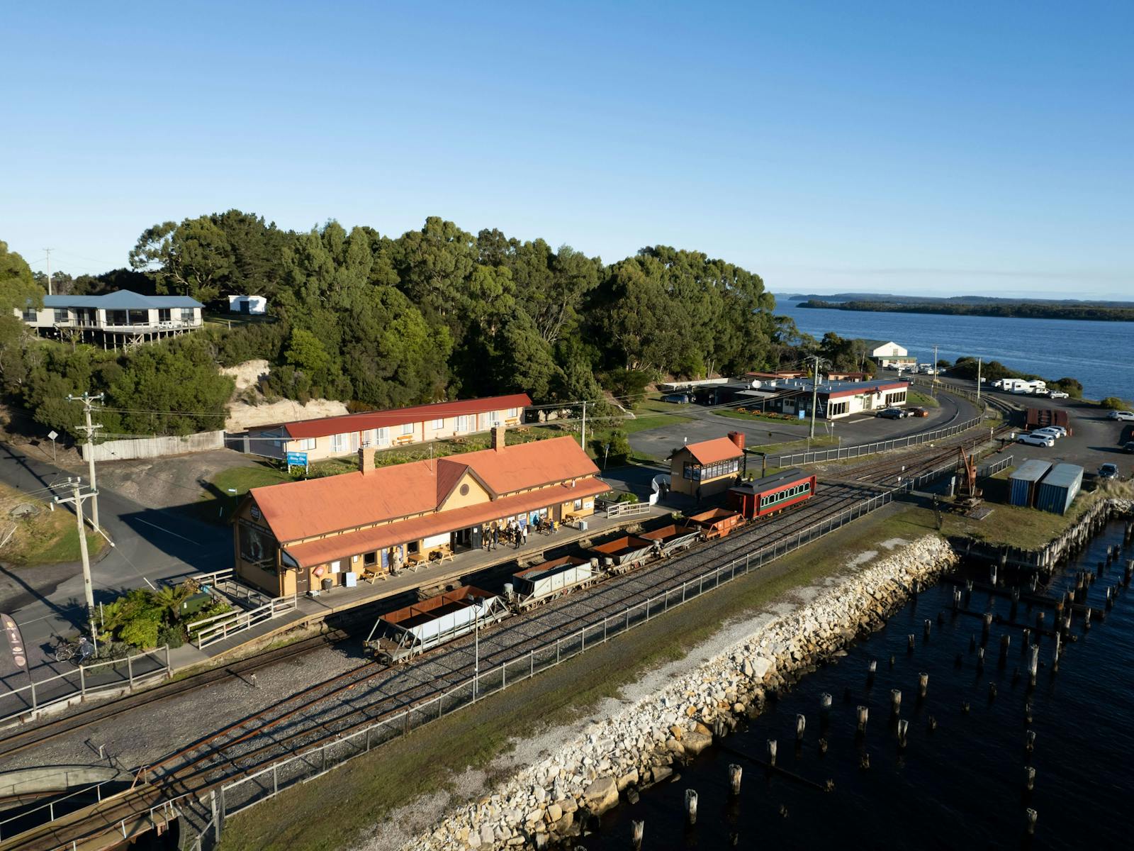An overhead image of the heritage listed station at Regatta Point, Strahan