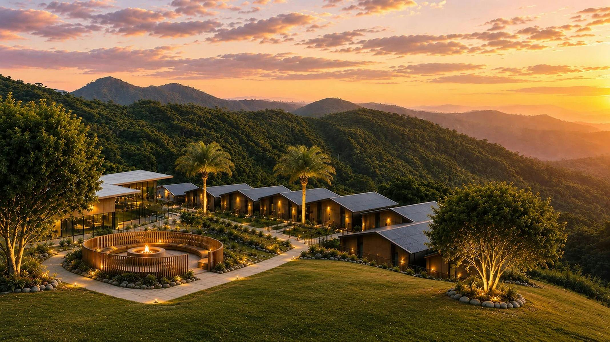 The welcoming outdoor fire pit and villa accommodation overlooking the peaceful hinterland landscape