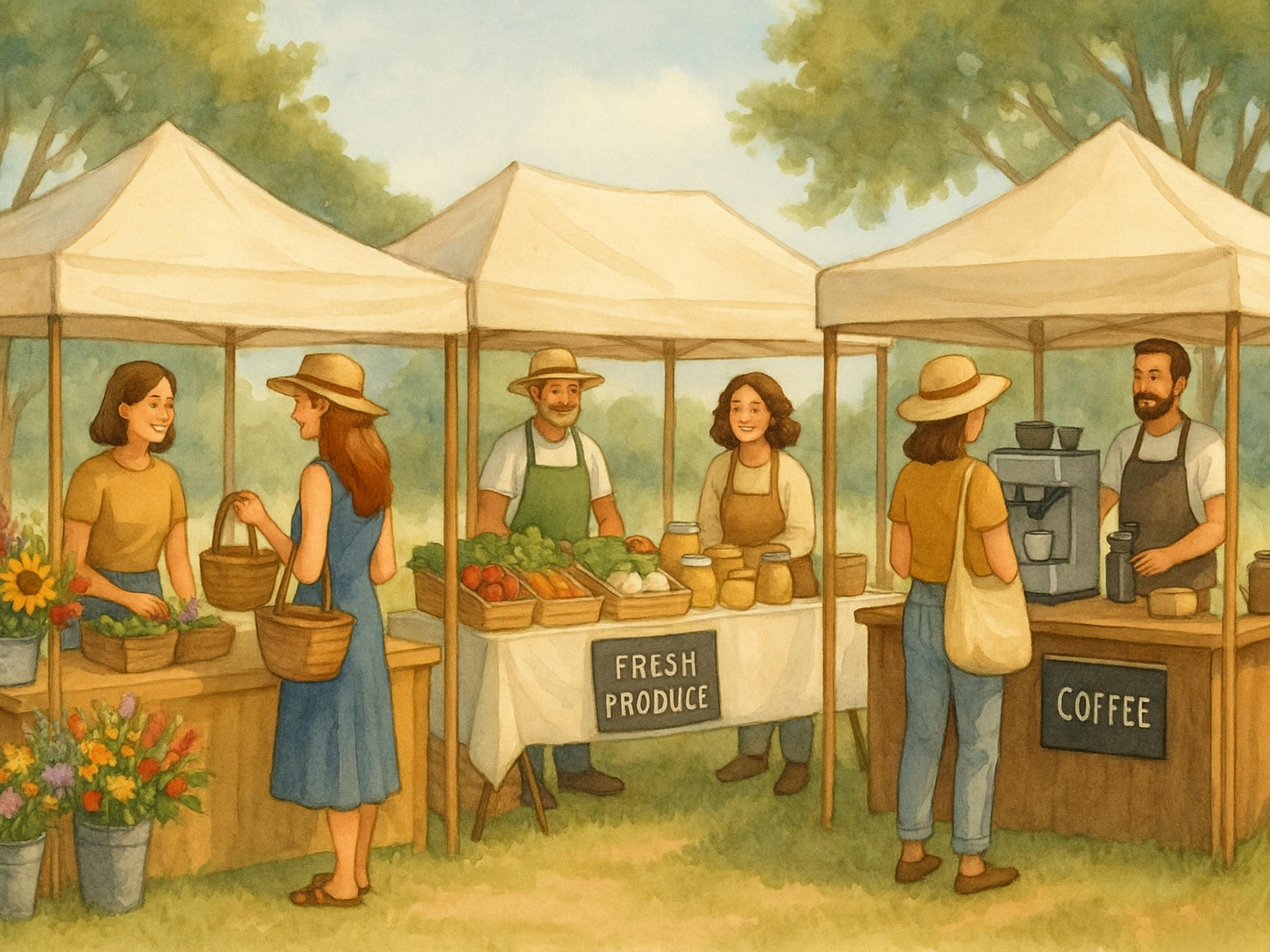 A group of market stalls are setup in white canvas gazebos with some customers shopping