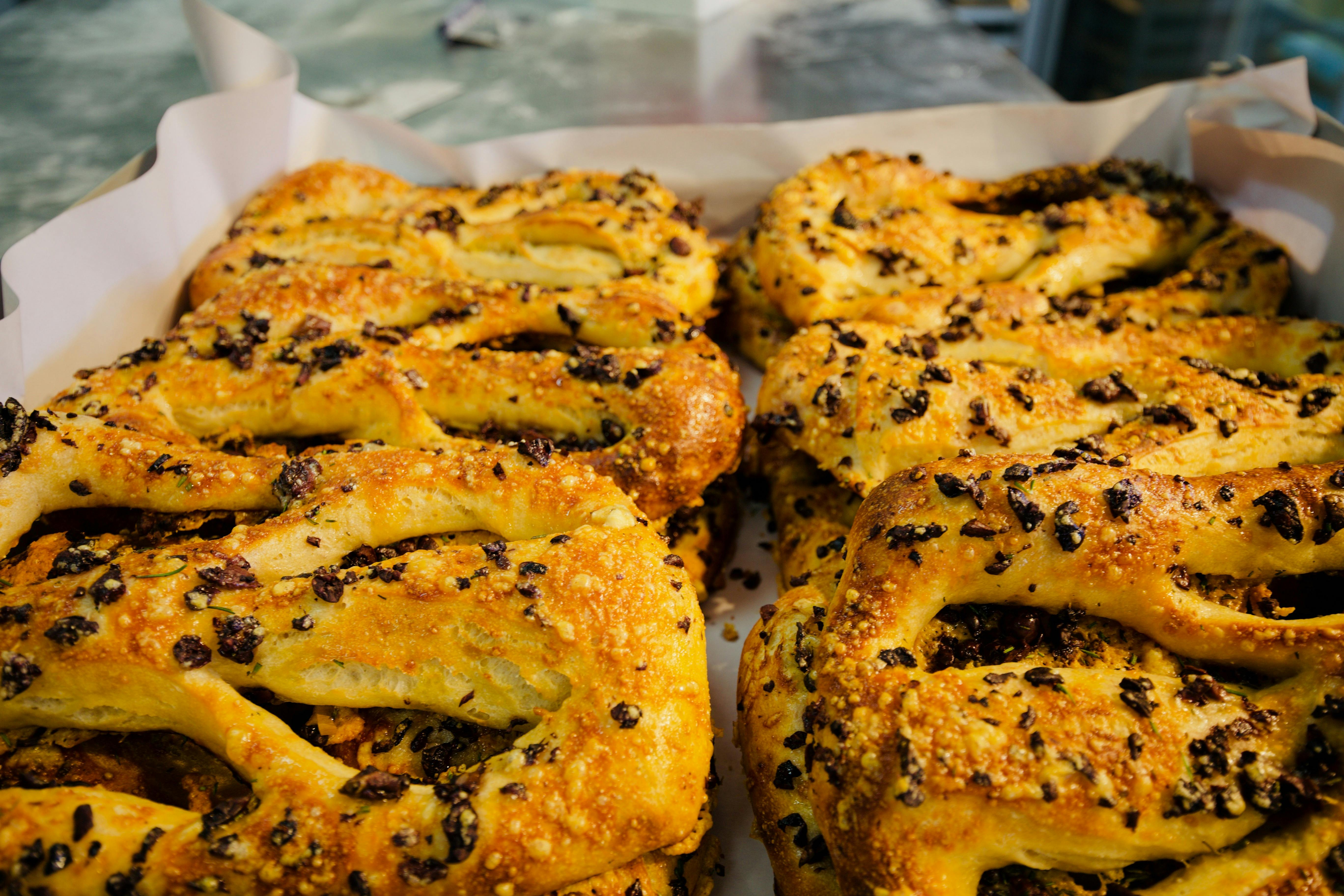 A crate of olive fougasse