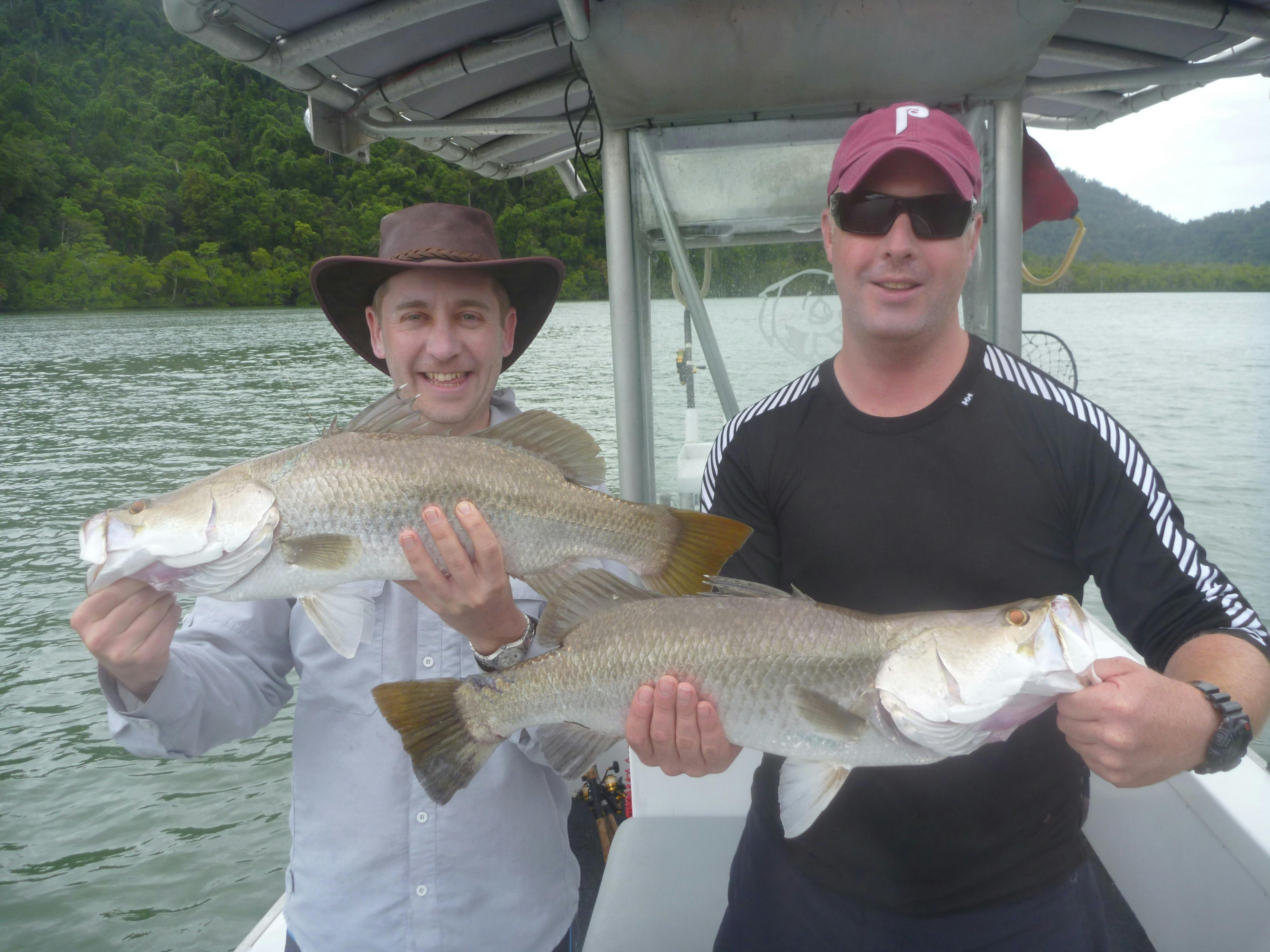River fishing with mates using live bait for Barramundi