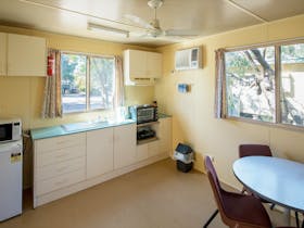 Cabin kitchen layout and views