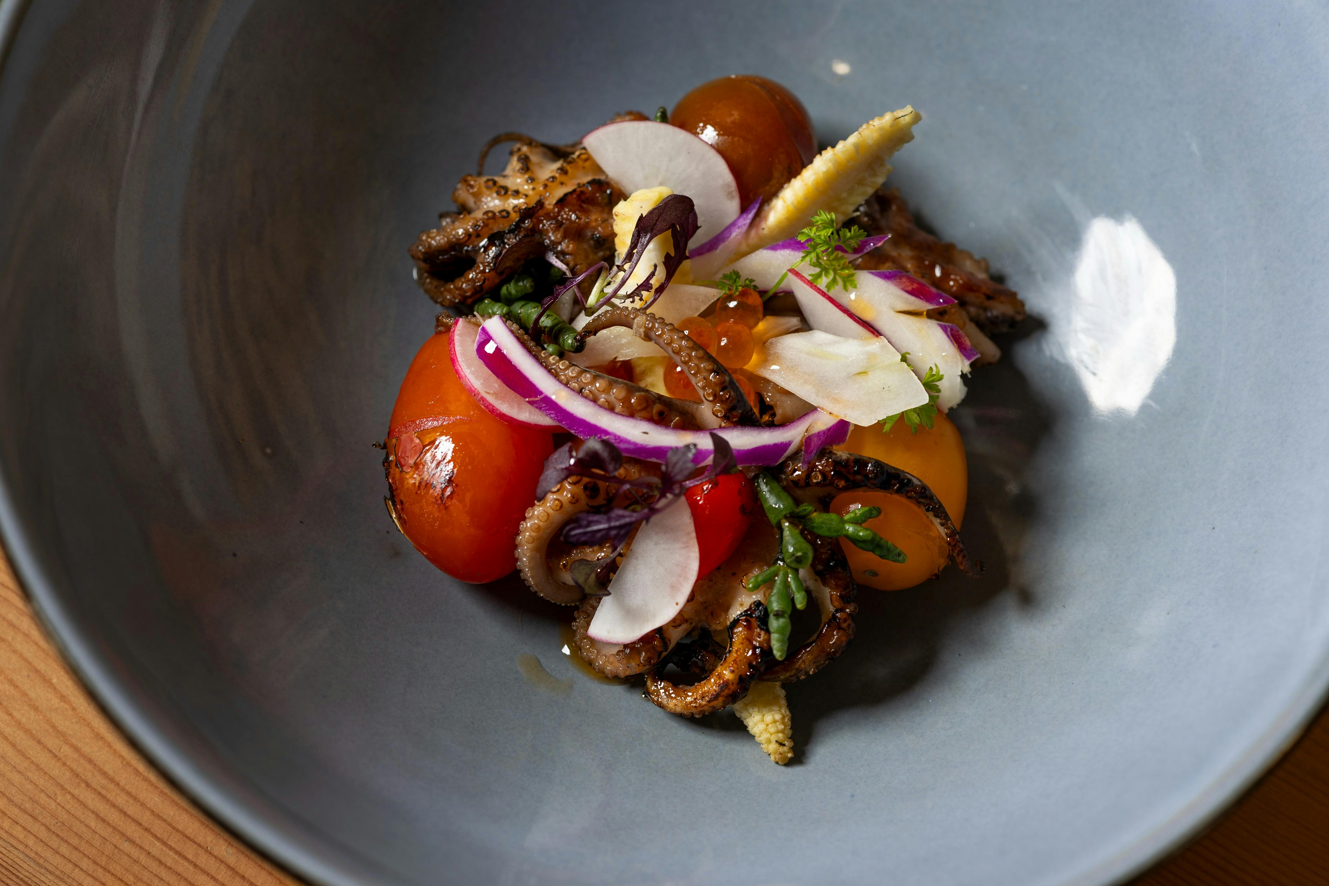 Grilled Baby Octopus (GF, DF) Bloody Mary consommé and chorizo