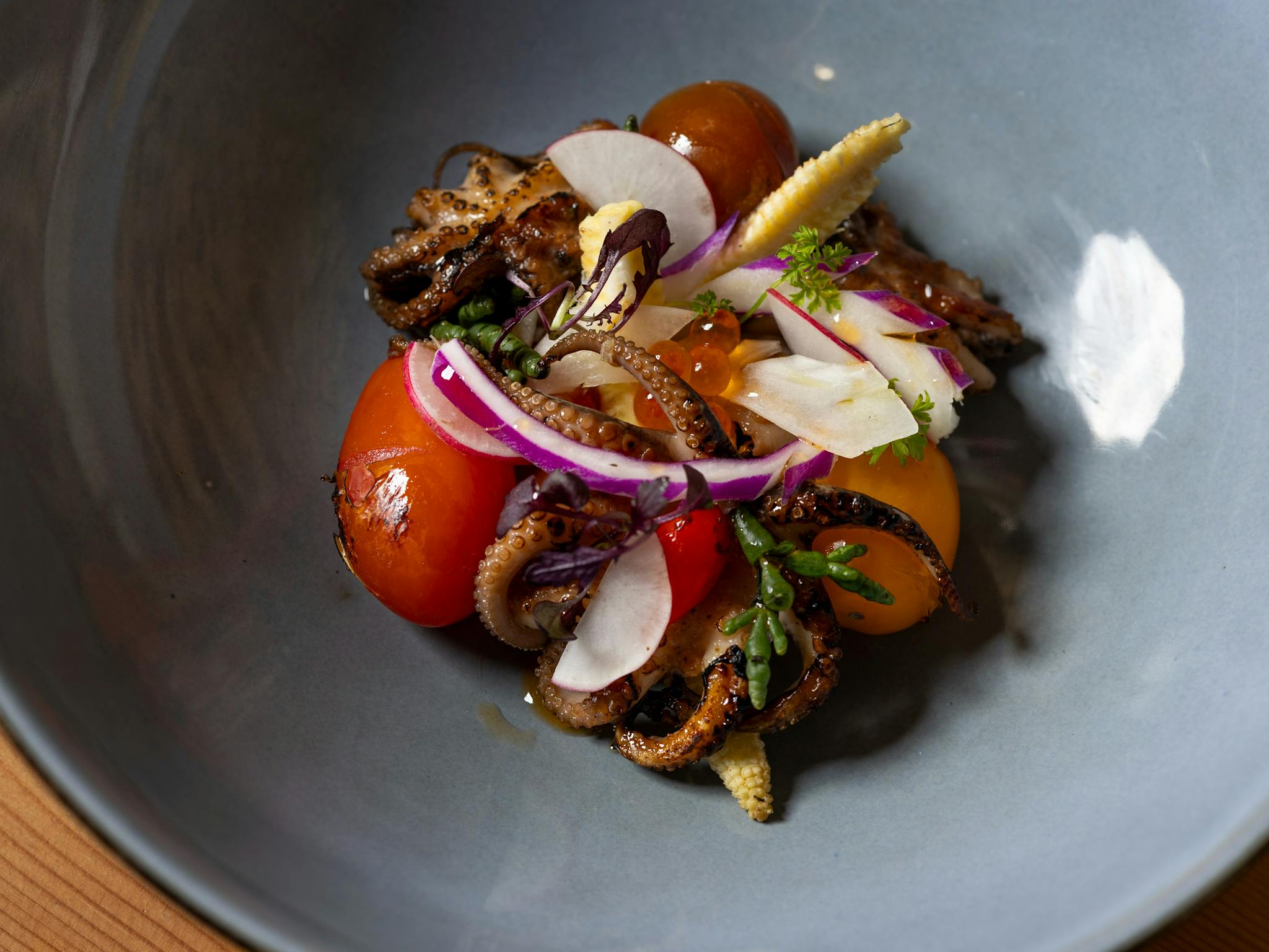 Grilled Baby Octopus (GF, DF) Bloody Mary consommé and chorizo