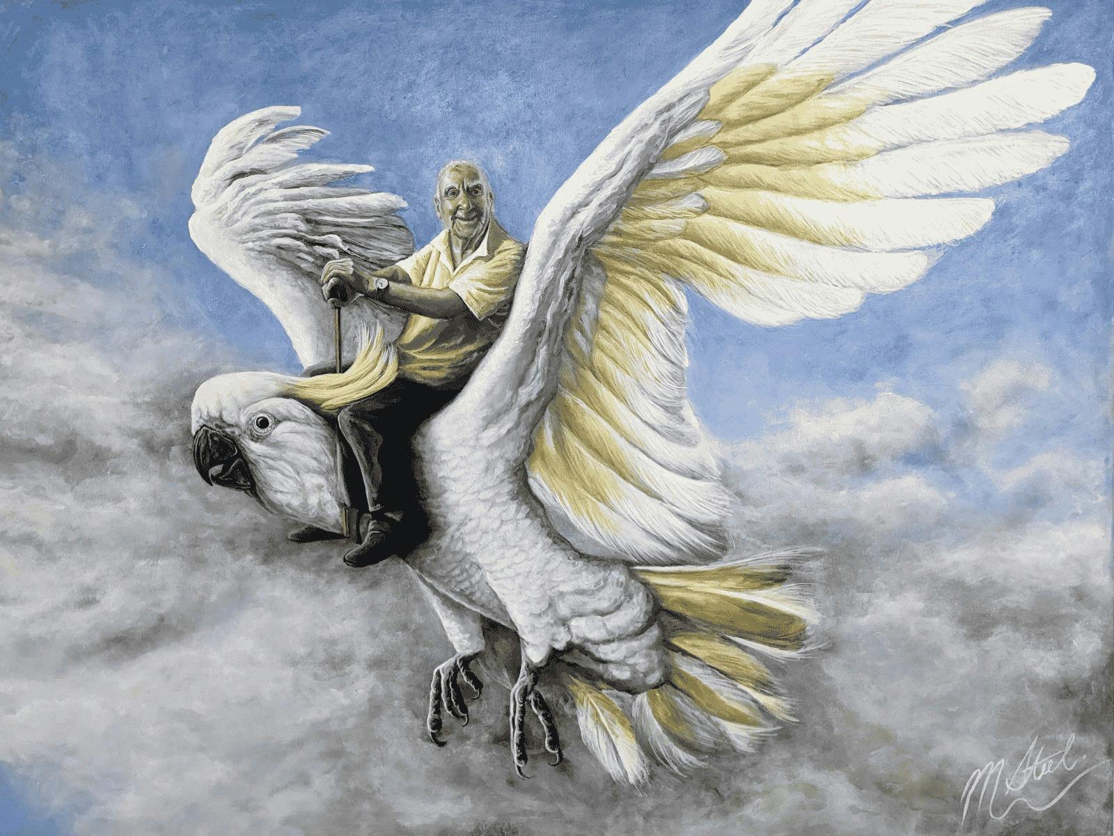 An older gent rides a giant cockatoo through the skies
