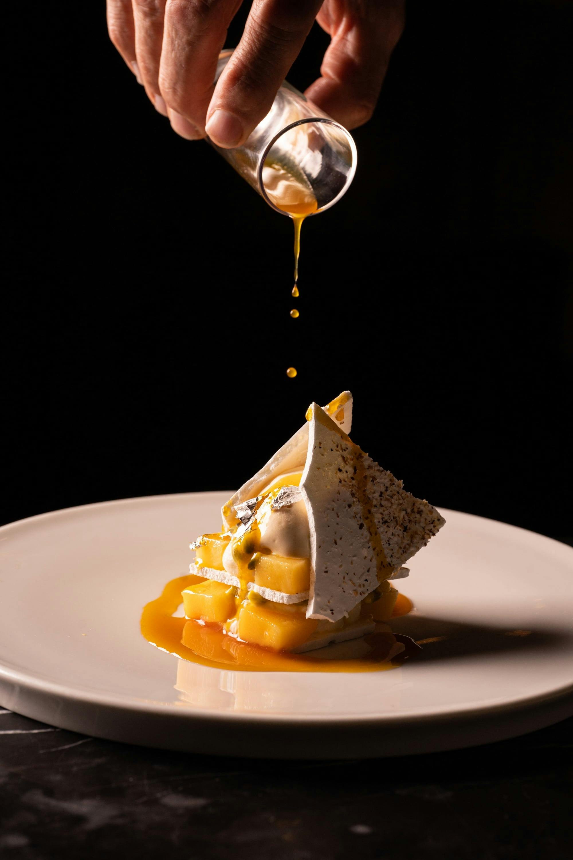 Passionfruit Mango Meringue Torta with Coconut Gelato and Passionfruit Vincotto Bianco