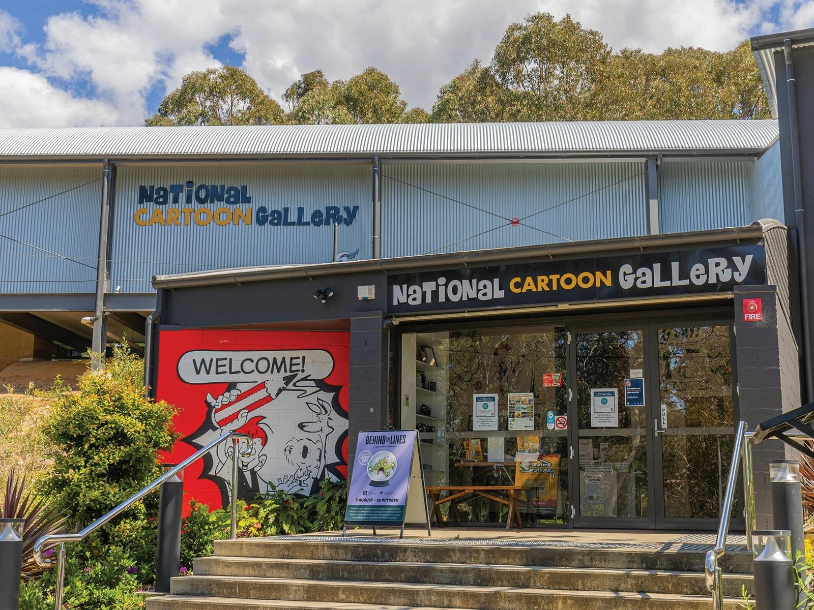 The outside of the bunker, including the National Holden Motor Museum and Cartoon Gallery