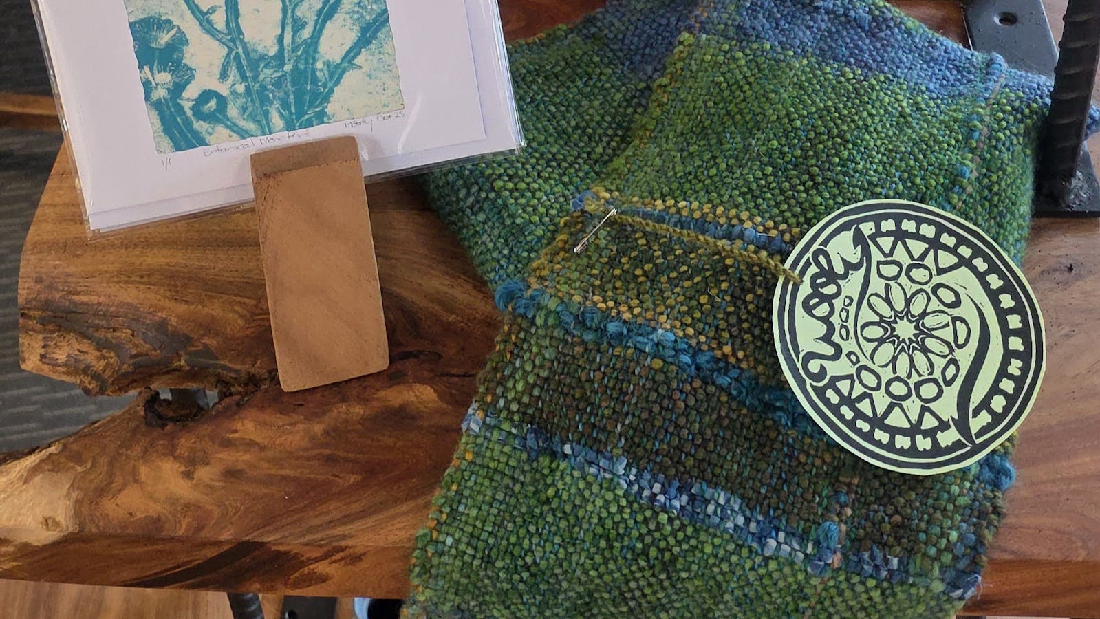 Handwoven scarf, handprinted gift cards