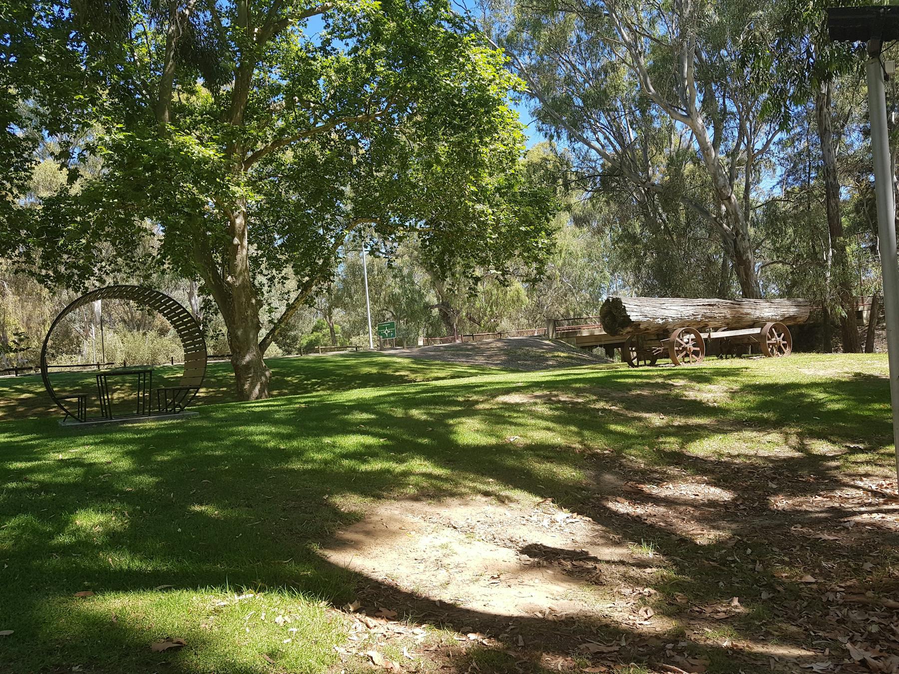 green grass, leafy tree, seating post, large tree trunk on vintage cart, gum trees