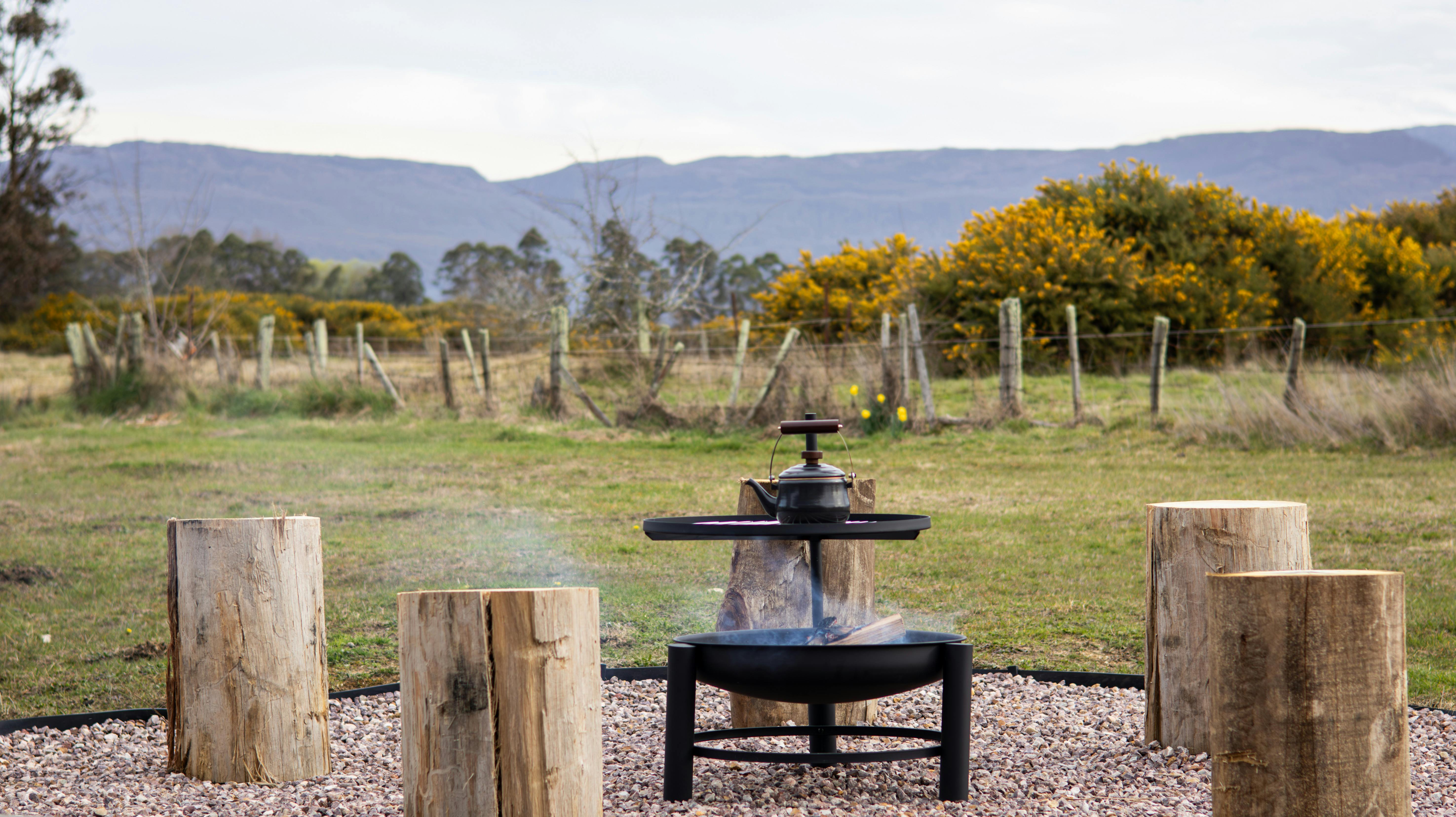 Firepit area at Tiers Rest featuring a central firepit with a grill, surrounded by wooden stumps