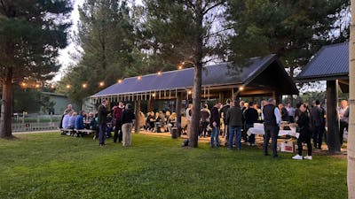 Large catered function in the viewing park, guests celebrating a corporate party with drinks and BBQ