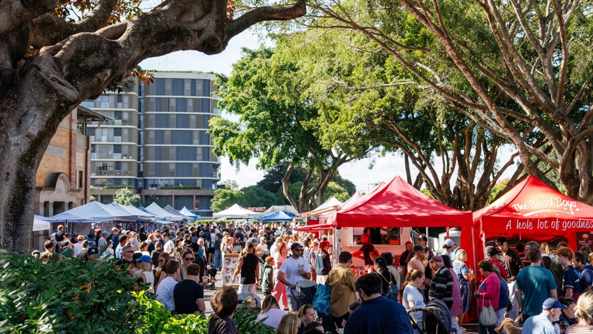 Bustling crowds at Jan Powers Farmers Markets Eagle Farm