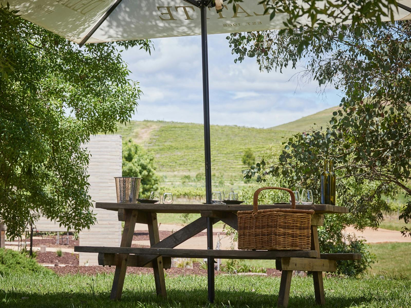Picnic table set with an ice bucket and picnic basket