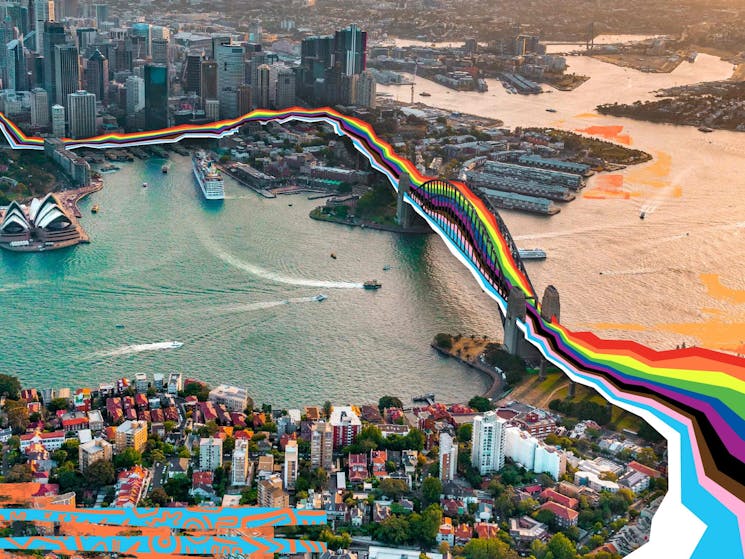 graphic of a rainbow across the sydney harbour bridge