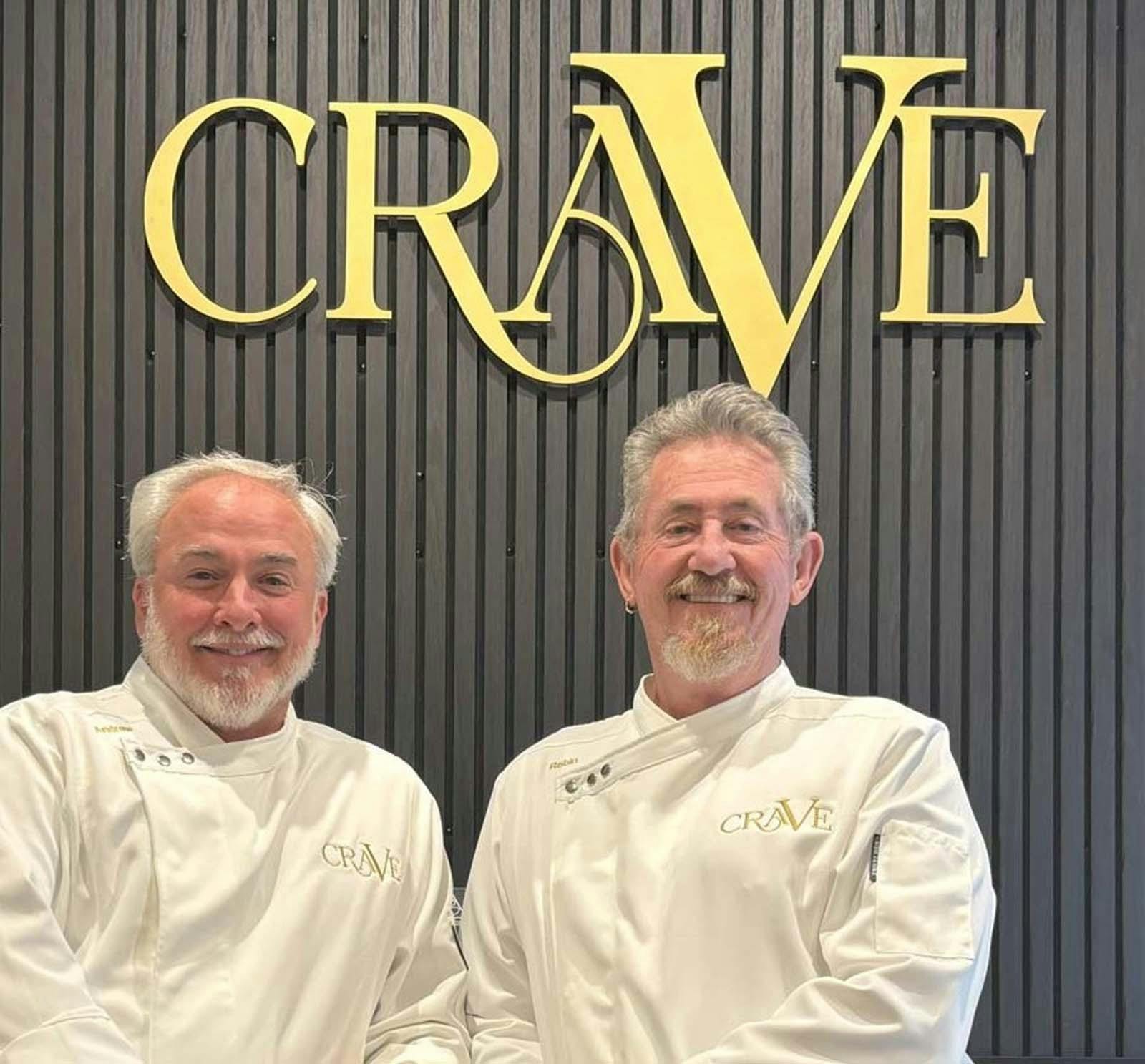 Two teachers Andrew and Robin facing you with chocolate brown wall behind them with gold Crave logo