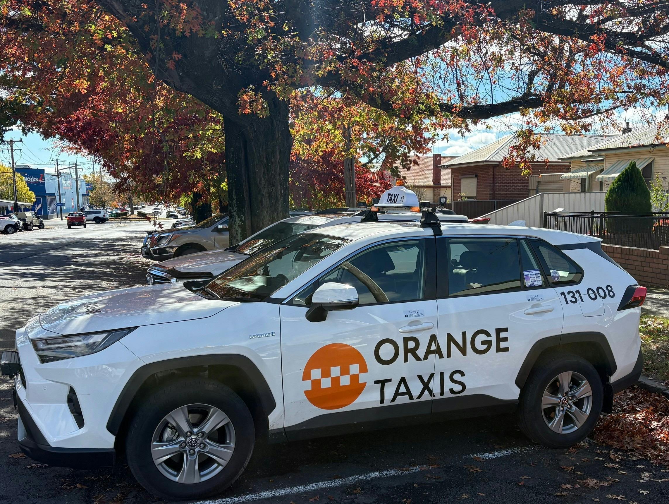 White Orange Taxis SUV parked under a tree with autumn leaves