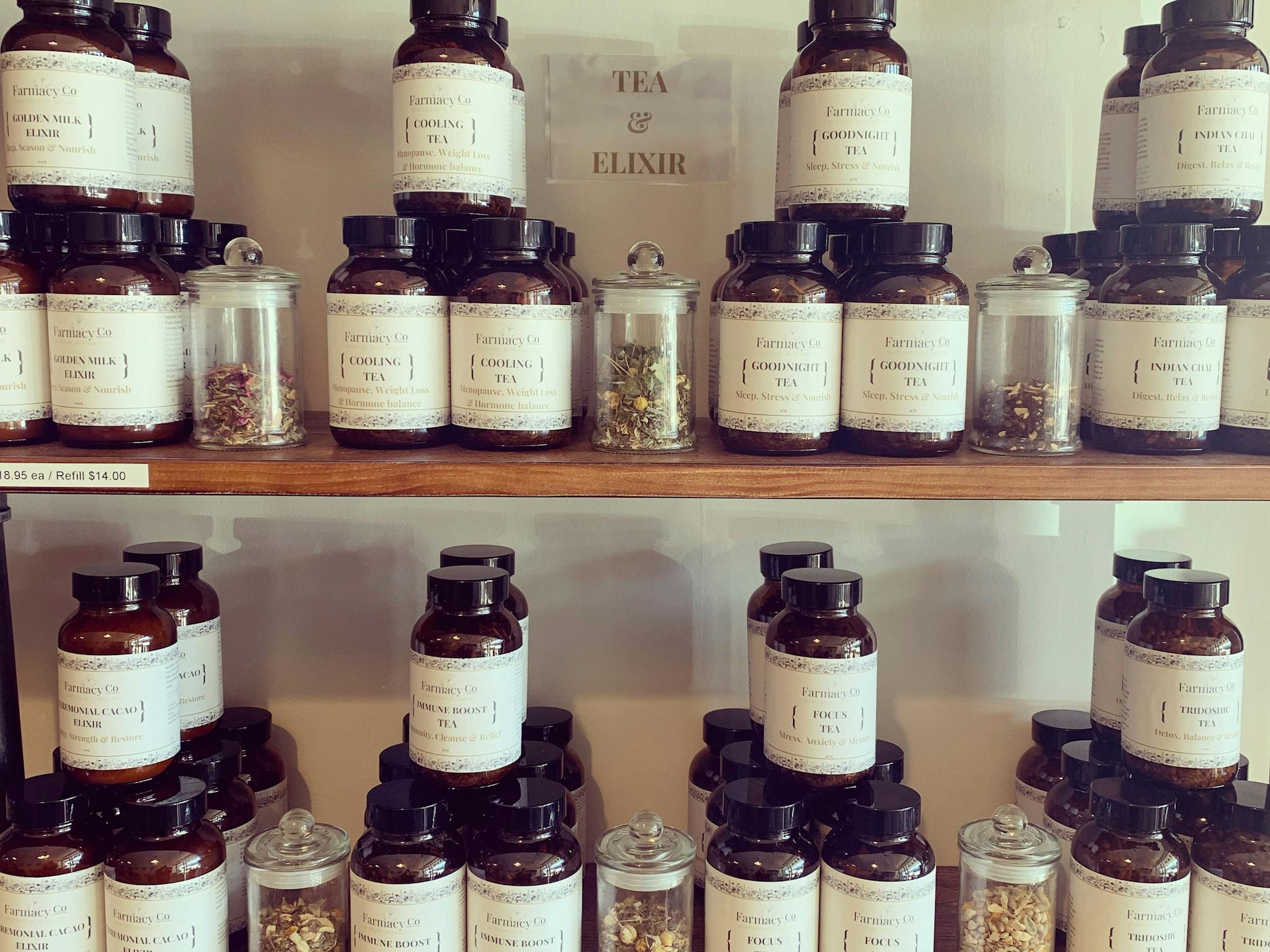 herbal tea jars on a shelf