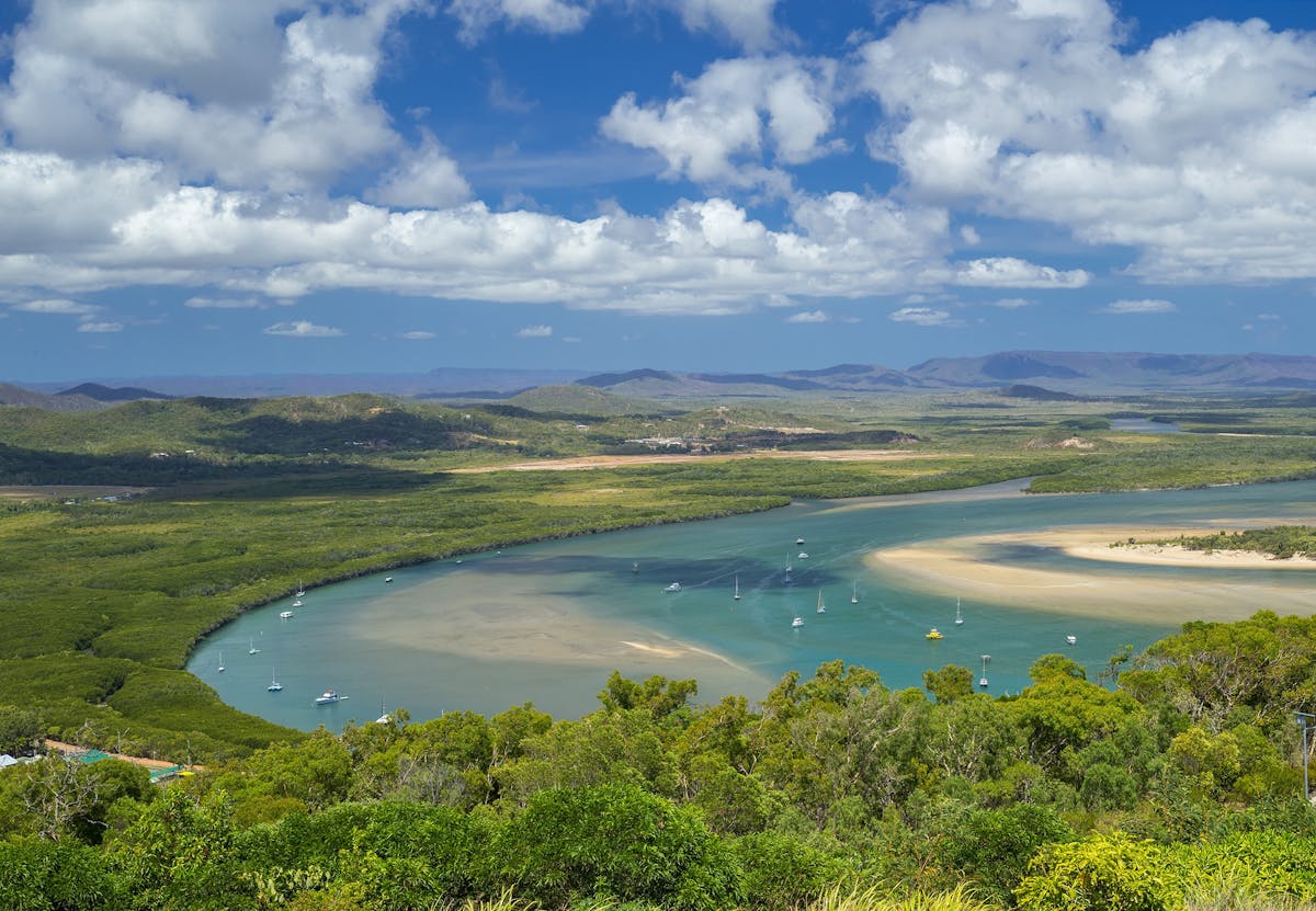 Views of the Endeavour River and lined greenery from Grassy Hill Lookout in Cooktown.