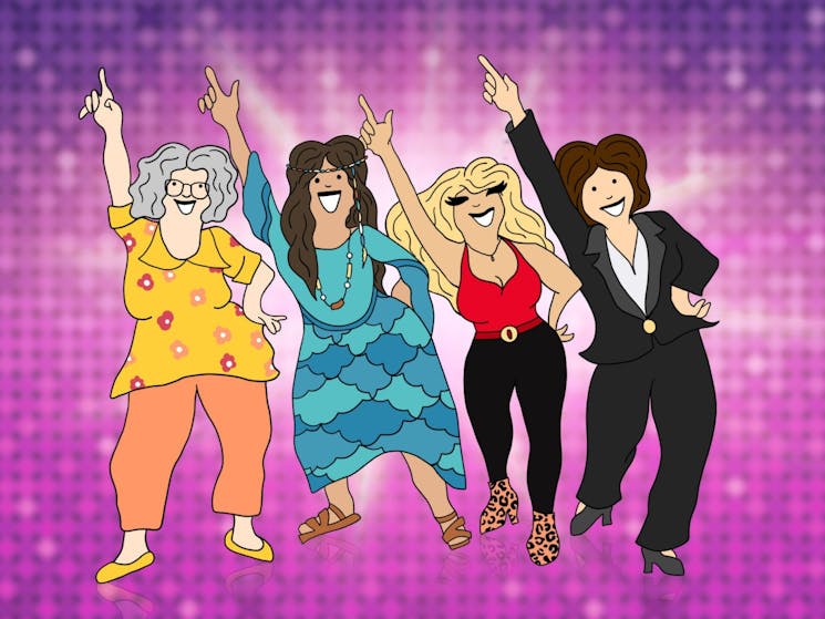 Four animated women dancing in front of a pinky purple backdrop.