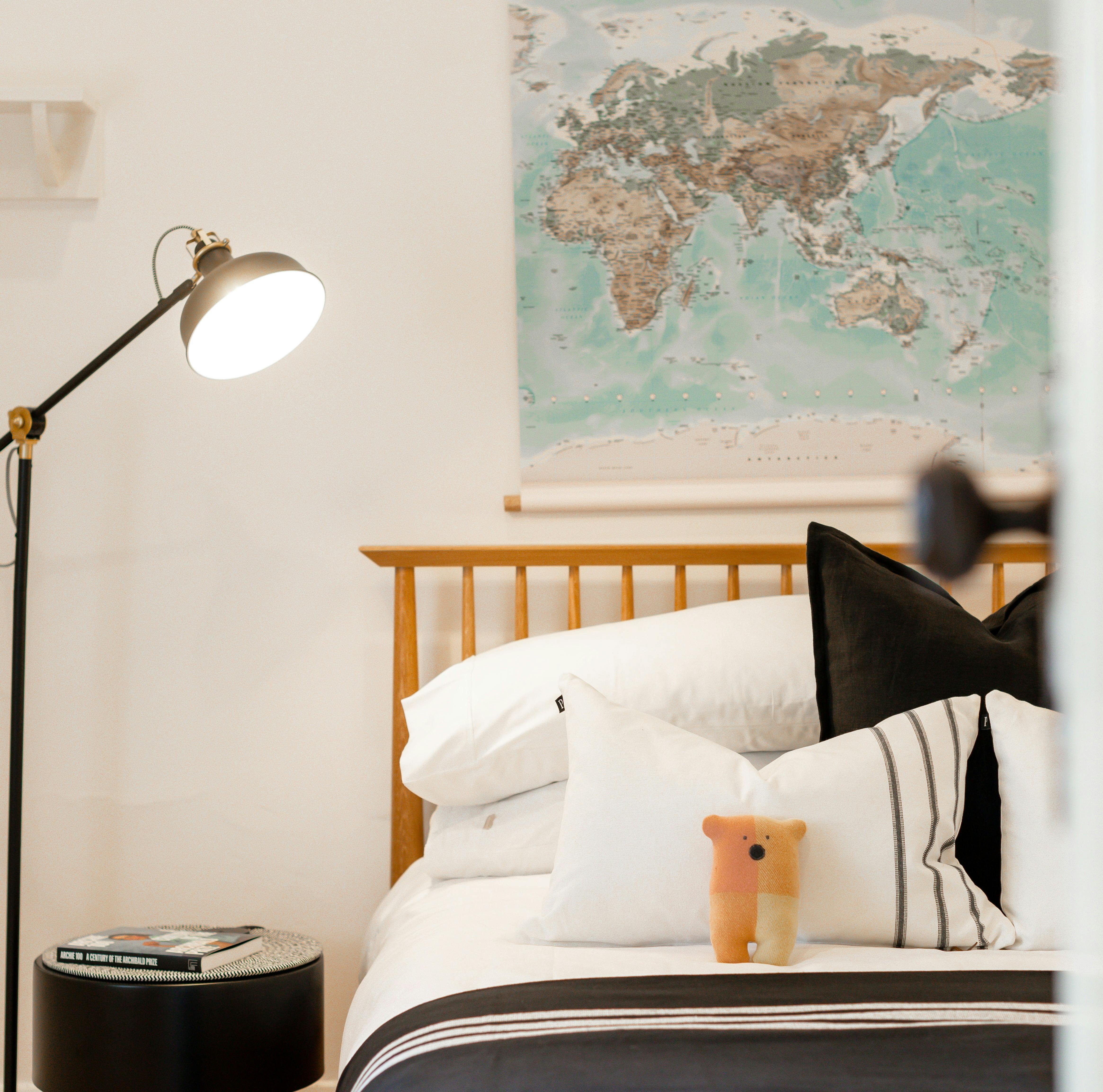 Bedroom with world map