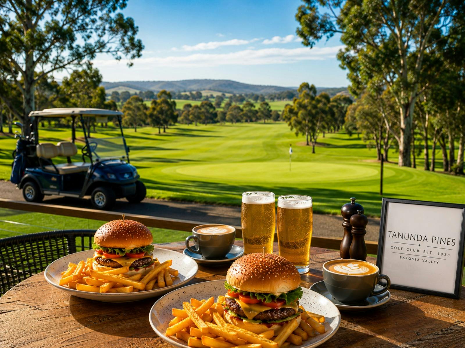 Guests dining overlooking the golf course at Tanunda Pines Golf Club, Barossa Valley.