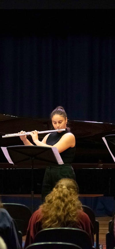 Image: ANU School of Music students Fin Torpy (flute), Charlotte Blake (flute), Oliver Wong (clarine