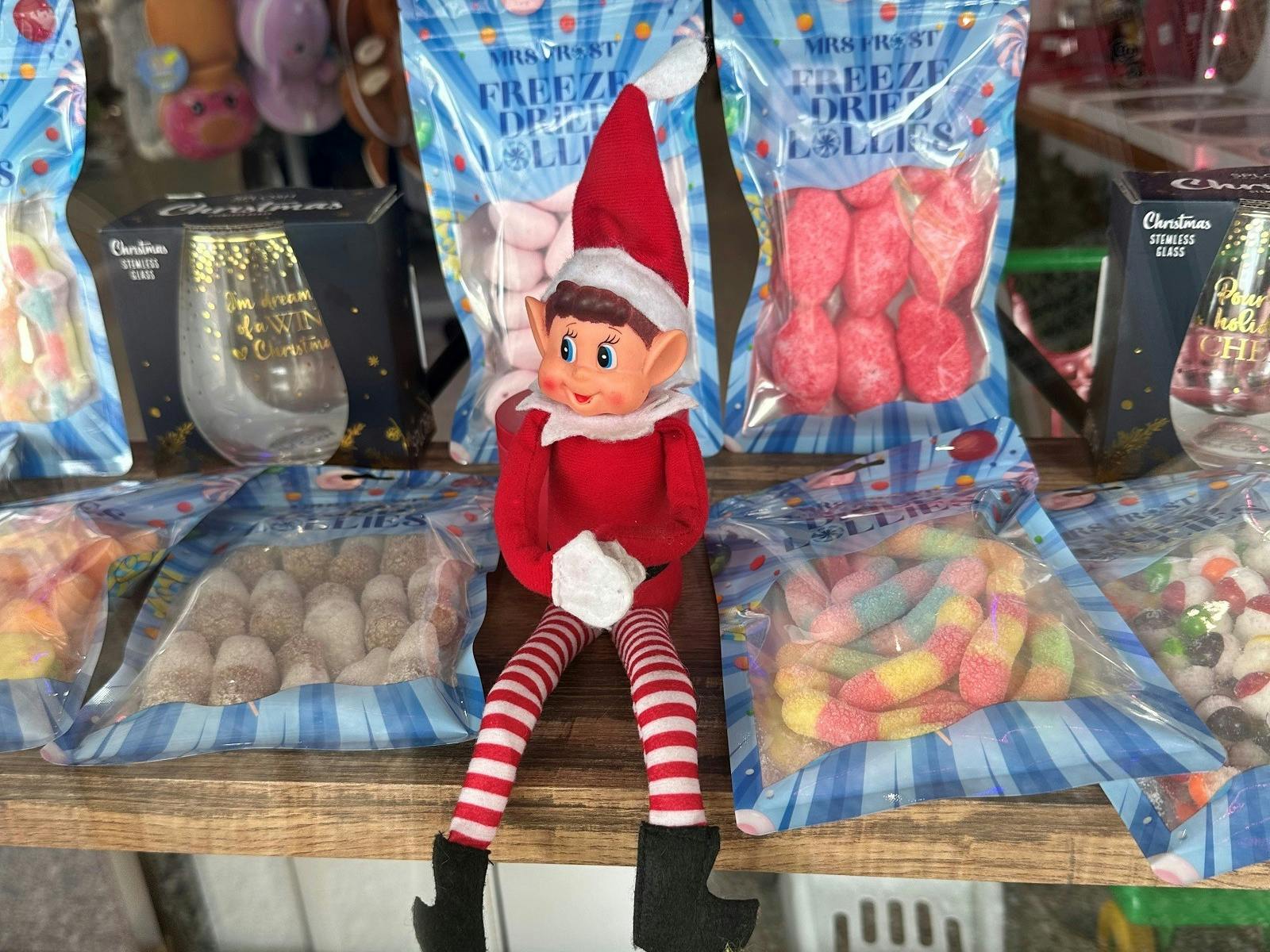 Cheeky elves hiding in shop windows