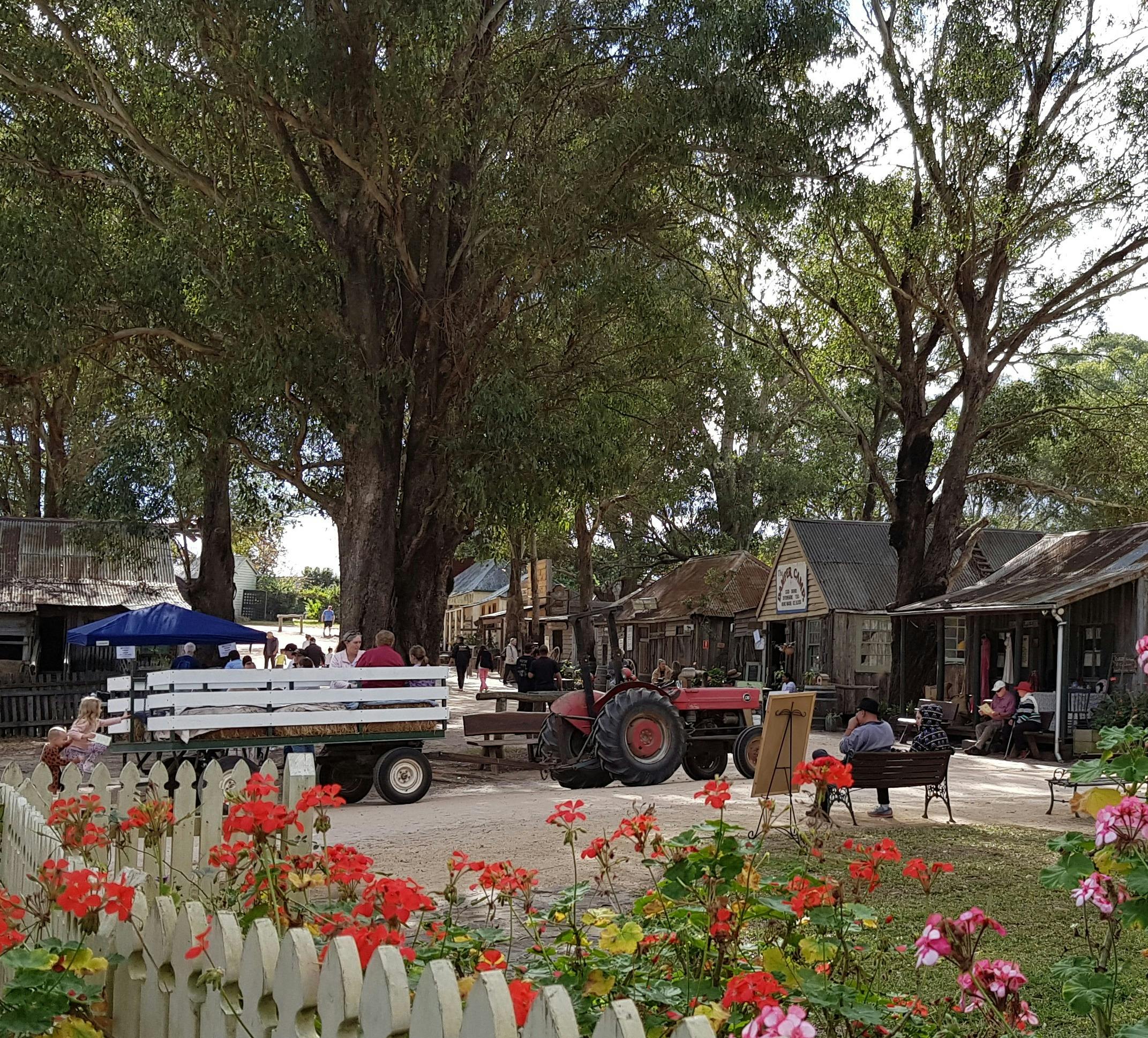 트랙터 건초를 타고 갈 준비가 된 메인 스트리트의 전망