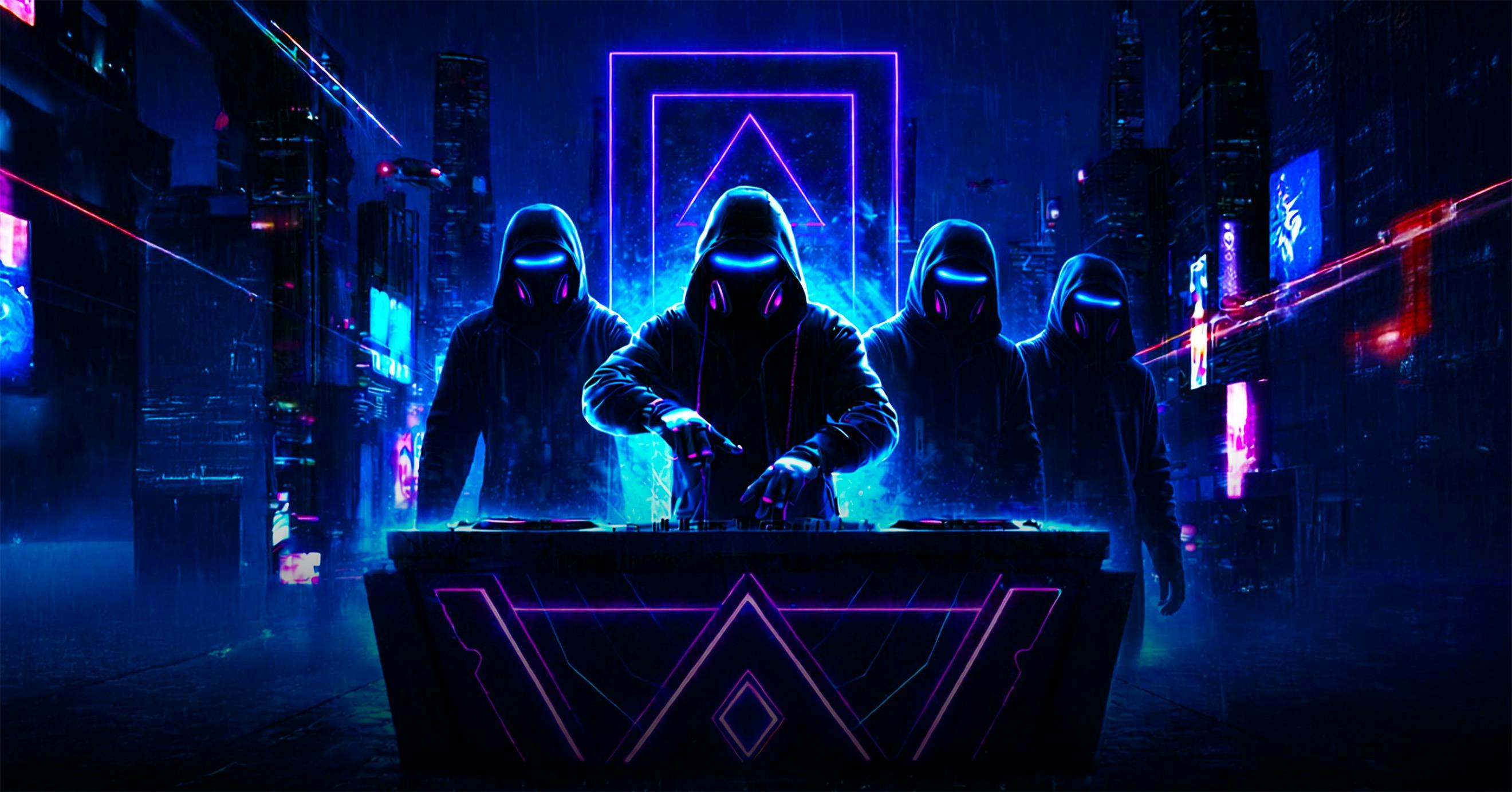 A group of hooded and masked DJ's standing in front of a desk with neon city lights around them