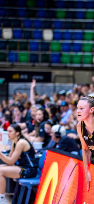 UC Capitals players cheering with their hands up on the player bench.