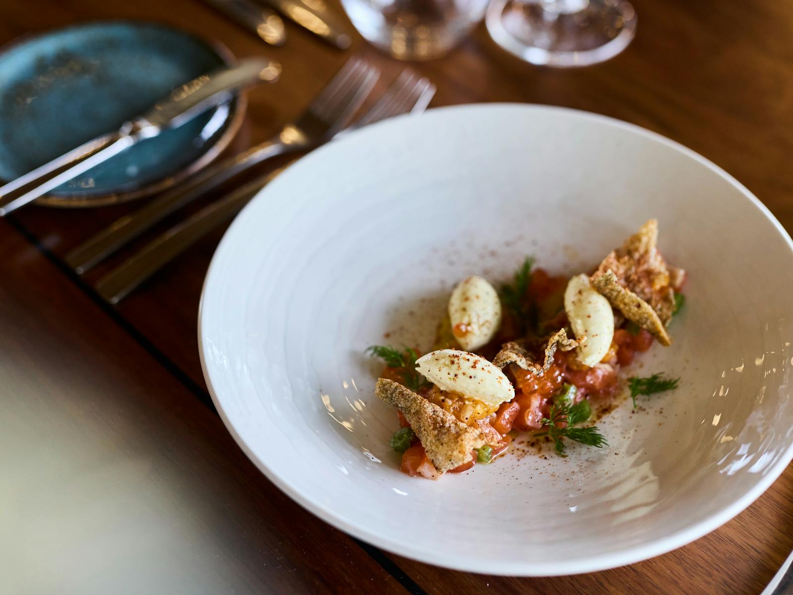 A dish of roe, tuna and herbs at Josef Chromy, Launceston