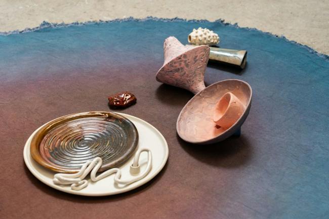 Tyza Hart, Expanding, 2026, stoneware, porcelain slip, glaze, cotton canvas, synthetic dye, 16 x 215