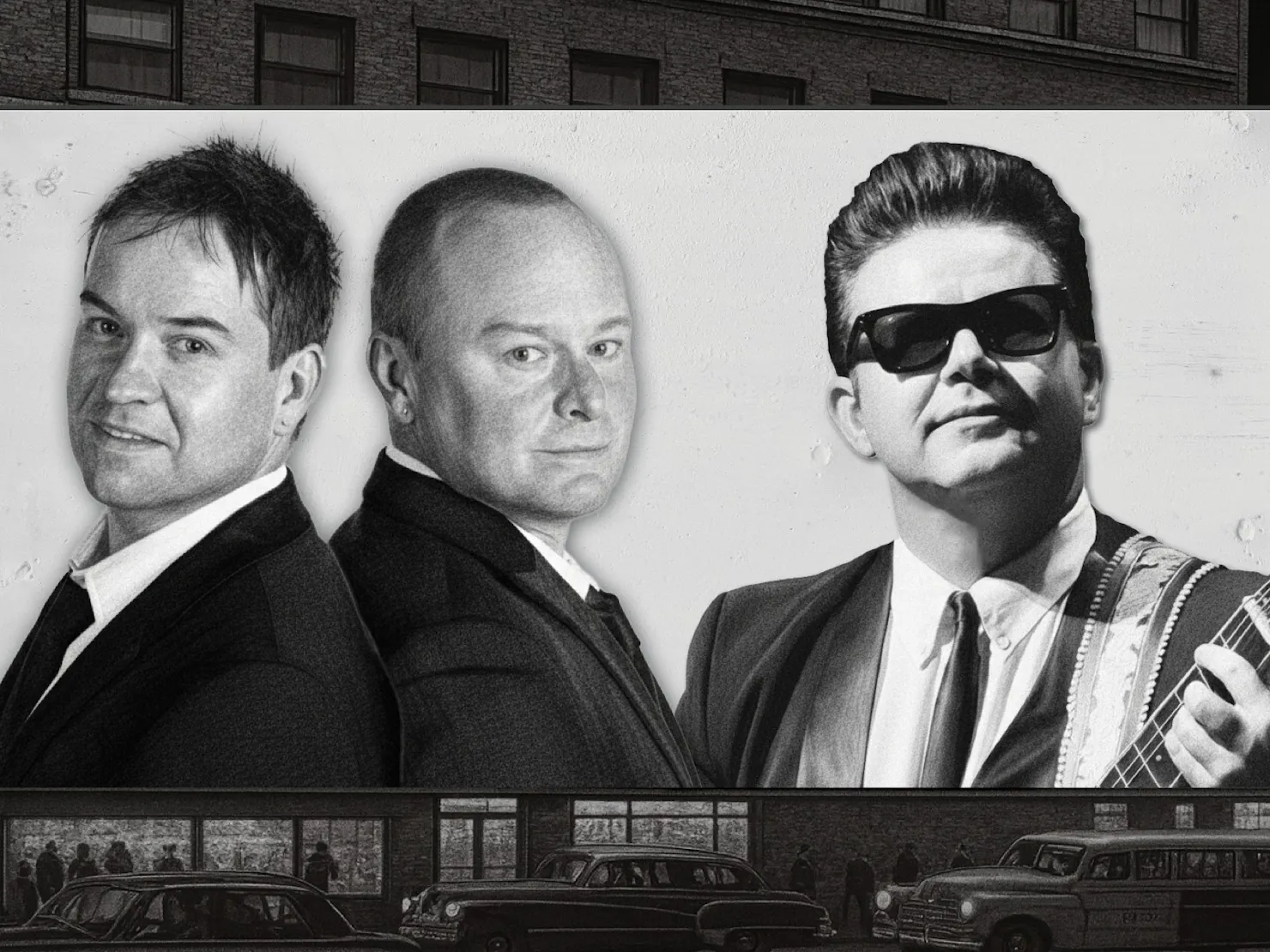 3 men in black and white with 3rd with sunglasses