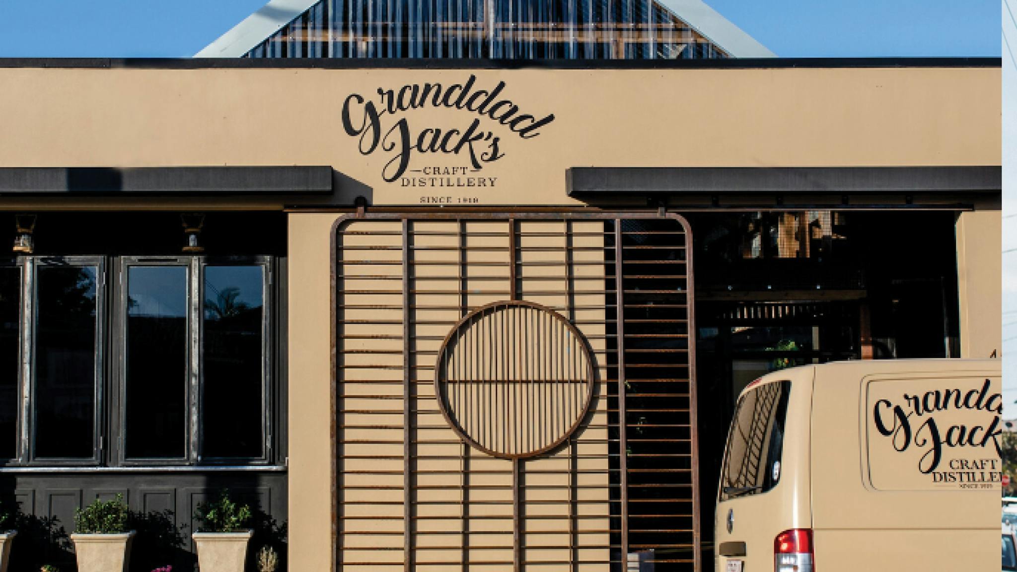 The tan building and van showcasing our Granddad Jack's Craft Distillery in Miami, Queensland. The tan building and van showcasing our Granddad Jack's Craft Distillery in Miami, Queensland.
