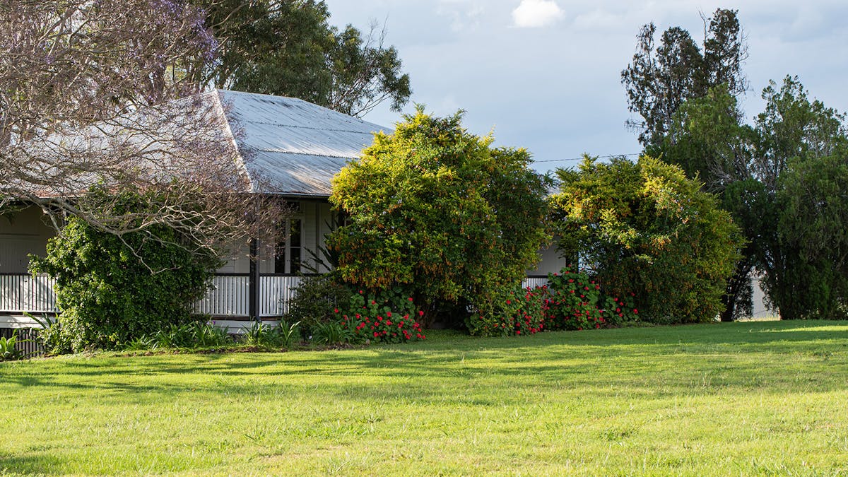 External view of heritage cottage surrounded by established trees and grass External view of heritage cottage surrounded by established trees and grass