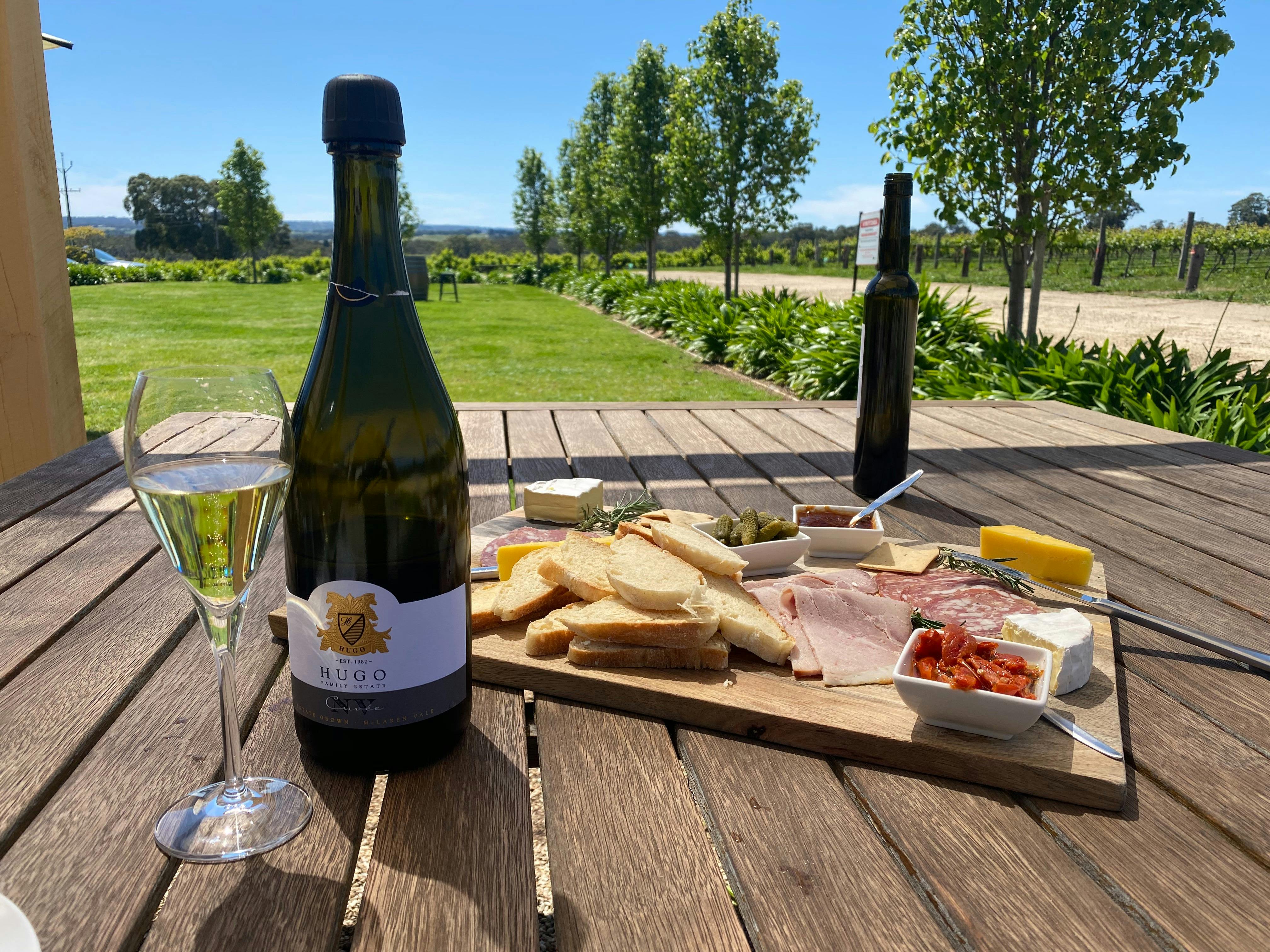 Wine and platter at Hugo's