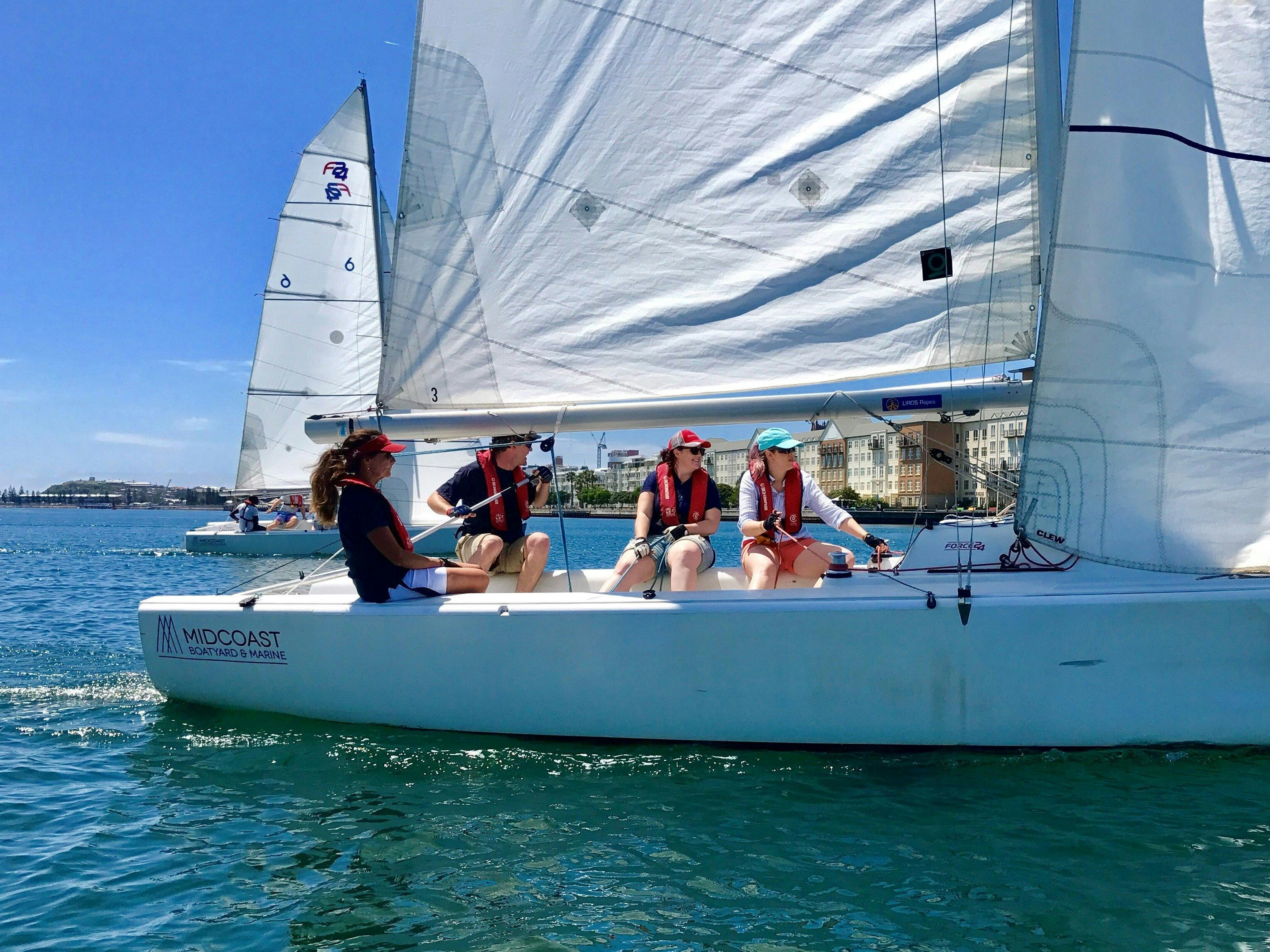 Force 24 keelboat sailing on Newcastle Harbour.  A sunfilled day of enjoyment on the water awaits!