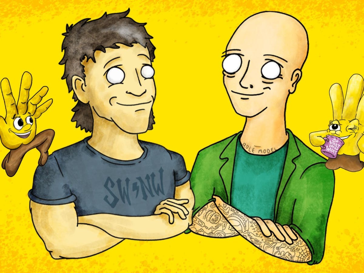 Cartoon of two smiling men with blank eyes, tattoos & animated glove characters on yellow background