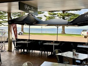 View from inside diner to outdoor seating