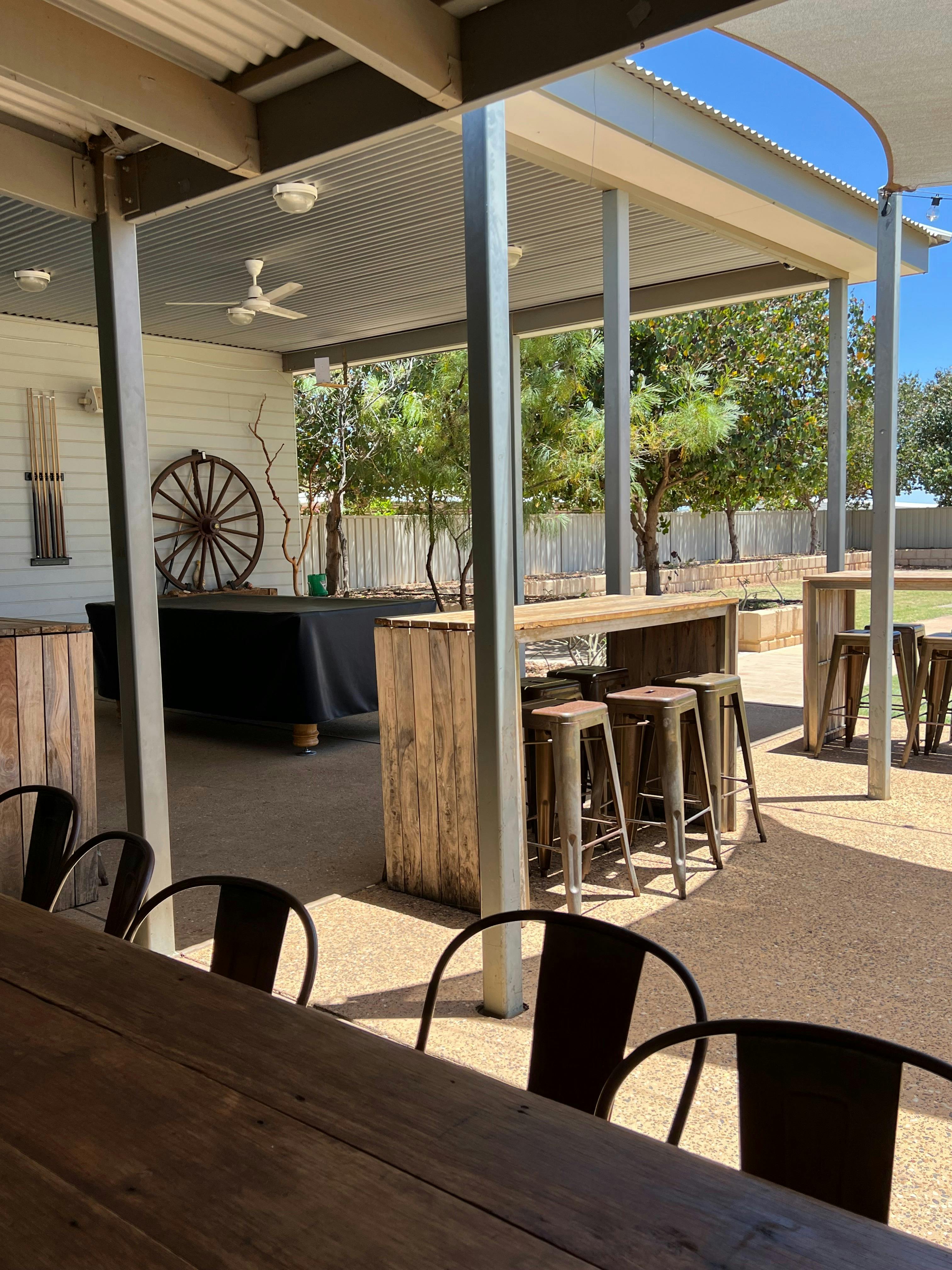 Outside tables and chairs, bar tables and stools, pool table Gascoyne Junction Pub and Tourist Park