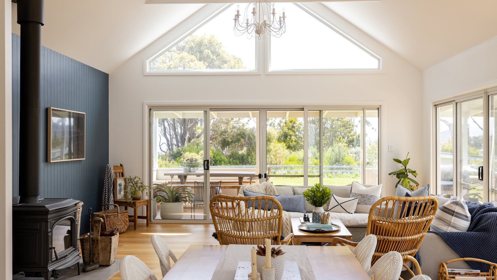 Open plan dining and lounge with views across to the water.